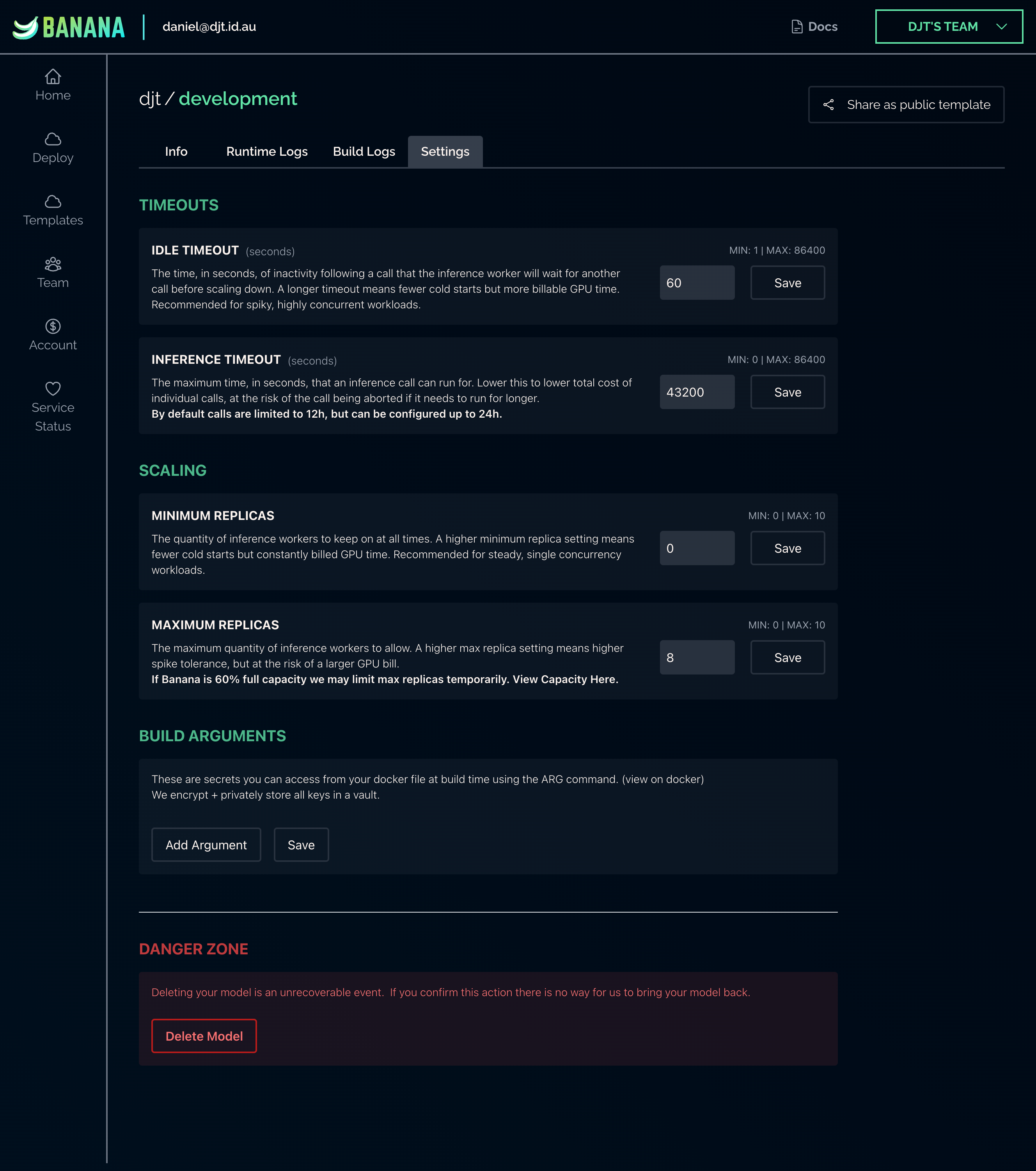 model settings page in Banana app